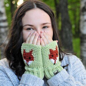 Handmade Green Fox Fingerless Gloves, Crochet Wrist Warmers Made in Canada